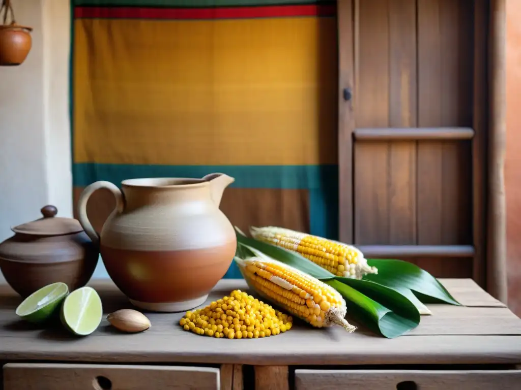 Escena tradicional peruana: Chicha de Jora en jarra de barro sobre mesa de madera rústica