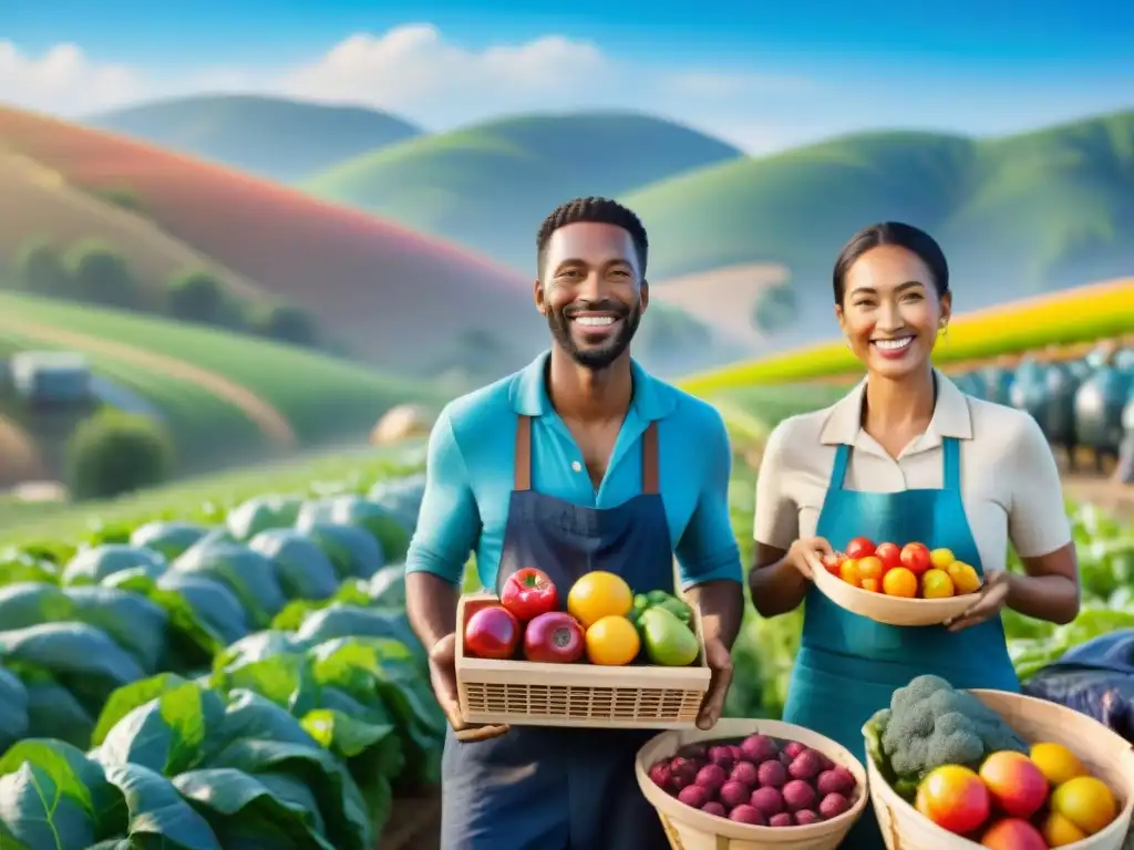 Una escena vibrante de agricultores sonrientes en un campo sostenible, recolectando frutas y verduras frescas