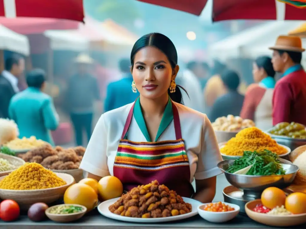 Esculturas gigantes de platos peruanos en mercado vibrante Escena vibrante de instalación artística en mercado peruano: esculturas gigantes de platos típicos rodeadas de diversidad cultural