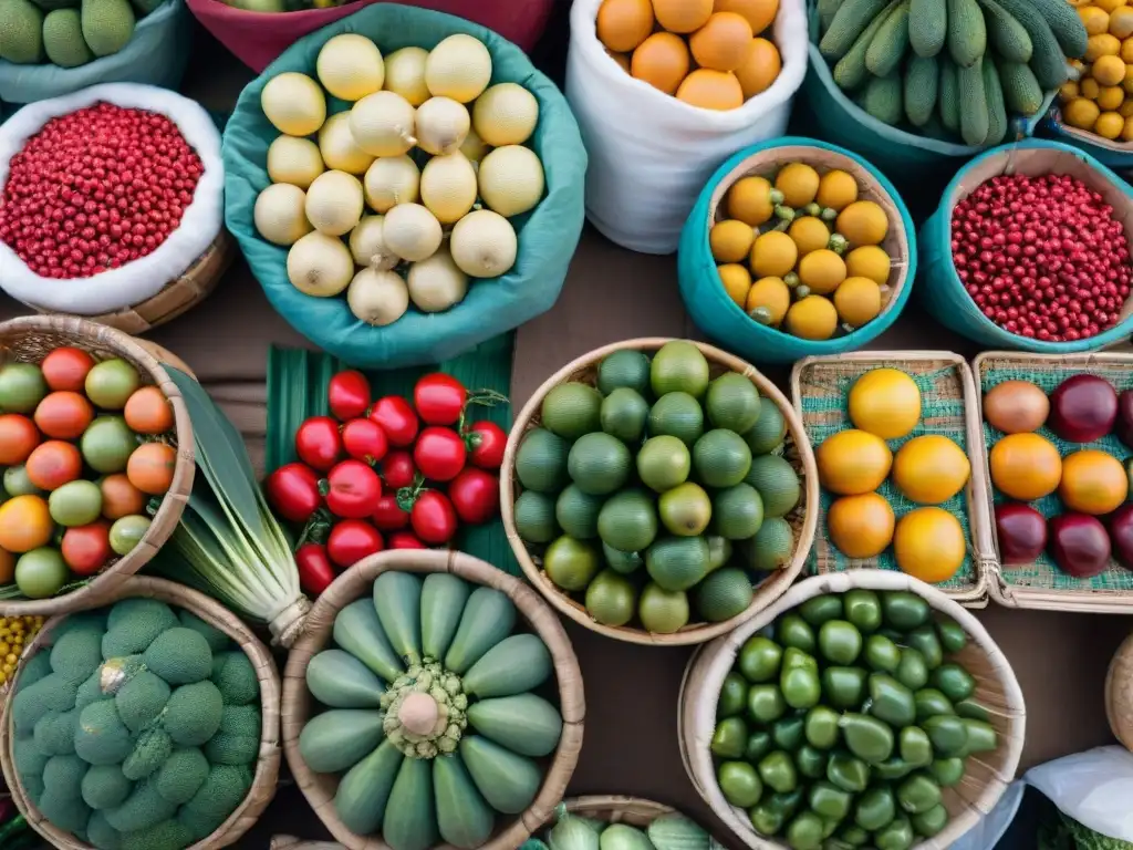 Escena vibrante de un bullicioso mercado peruano con coloridas frutas, vegetales y especias