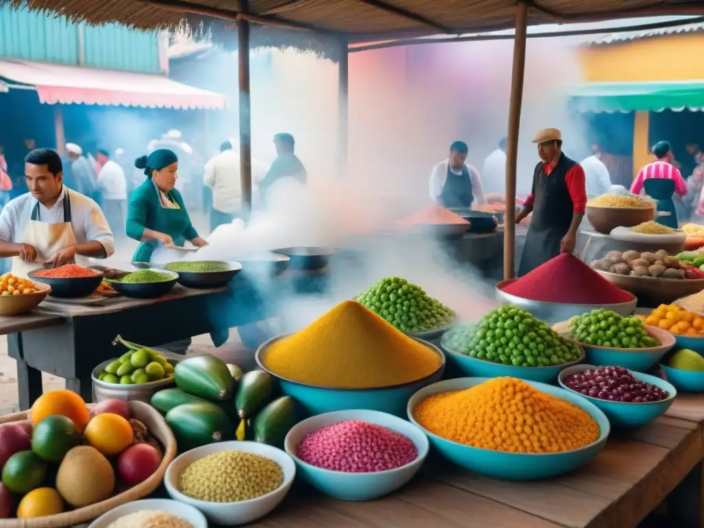 Escena vibrante de un bullicioso mercado peruano, resaltando la importancia gastronomía peruana a nivel mundial