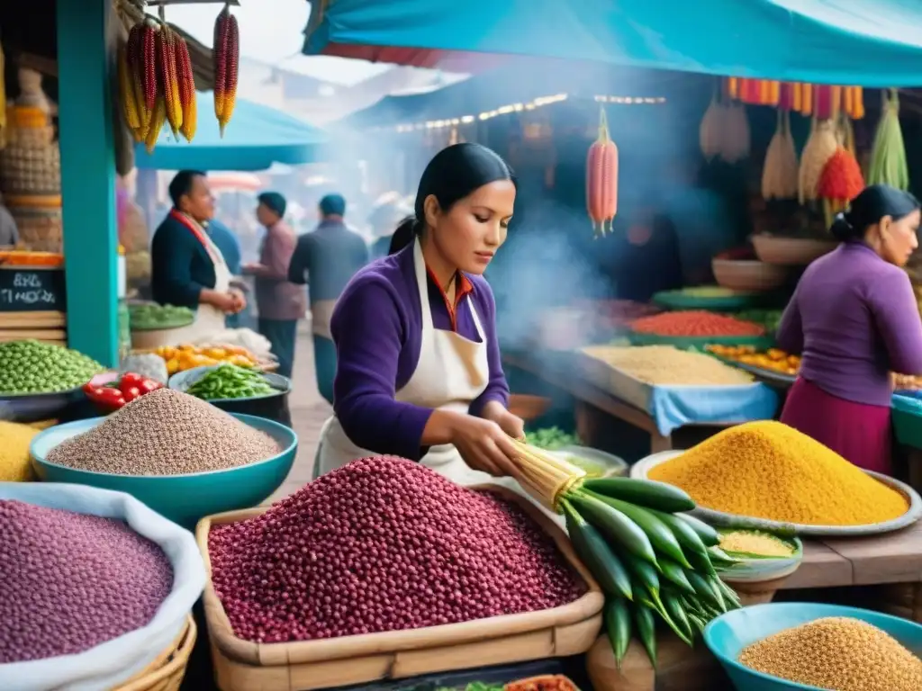 Escena vibrante de un bullicioso mercado peruano con ingredientes auténticos y mujeres preparando ceviche y lomo saltado