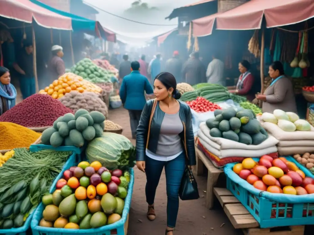 Escena vibrante de un bullicioso mercado peruano con puestos coloridos de frutas, verduras y especias