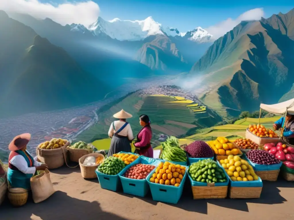 Una escena vibrante de un bullicioso mercado peruano, con coloridas frutas y verduras, vendedores locales y platos tradicionales