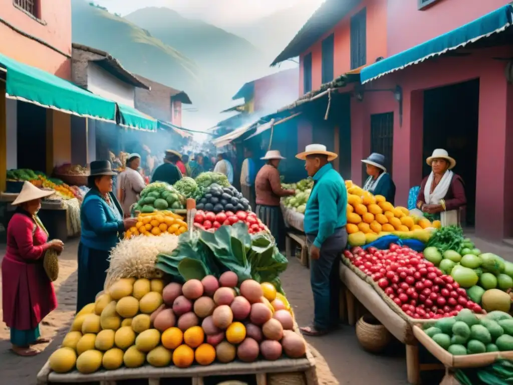 Una escena vibrante de un bullicioso mercado peruano, resaltando la importancia de la diversidad alimenticia en la dieta peruana