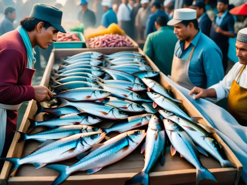 Escena vibrante en un bullicioso mercado de pescado peruano, resaltando la importancia de la biodiversidad marina peruana