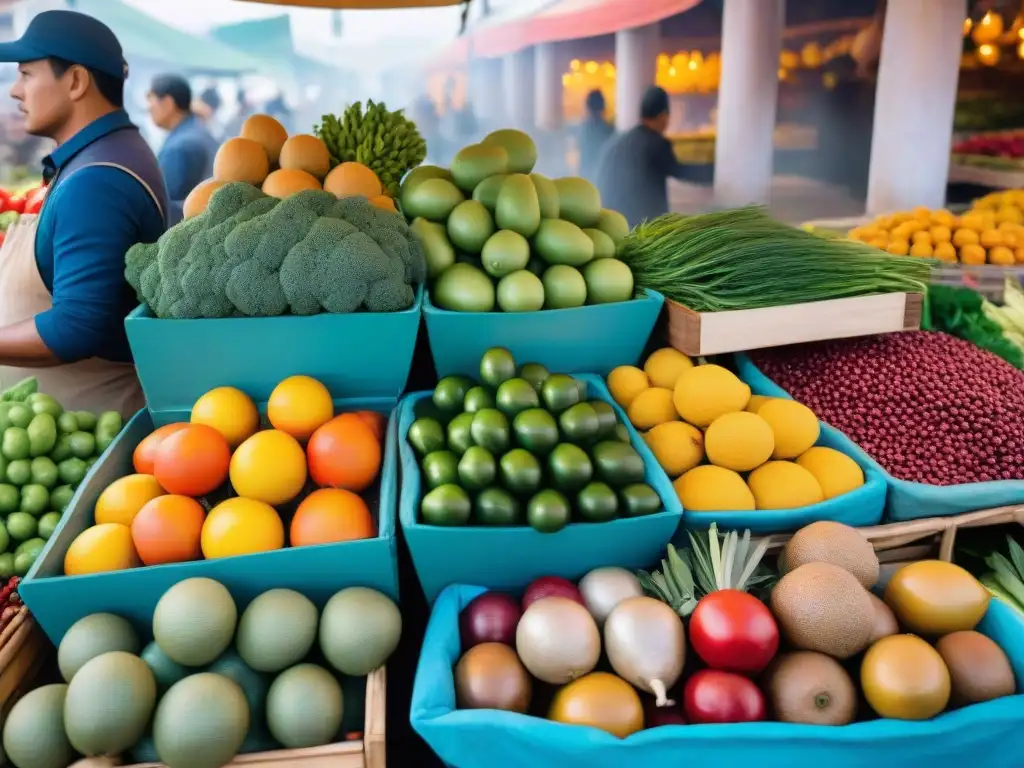 Una escena vibrante de un bullicioso mercado peruano lleno de frutas, verduras y ingredientes locales