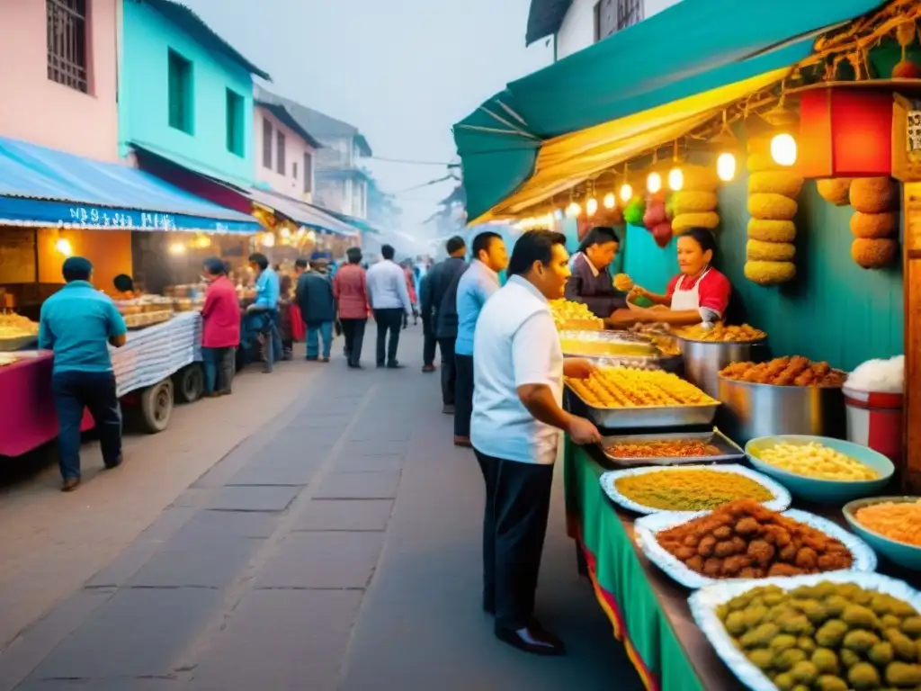 Escena vibrante en una calle de Lima, Perú, llena de puestos de comida y gente disfrutando de delicias peruanas