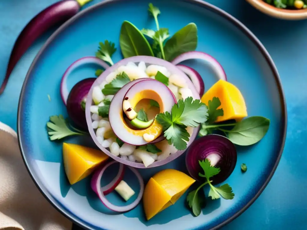 Una escena vibrante de ceviche peruano en un plato azul, con ingredientes frescos y coloridos