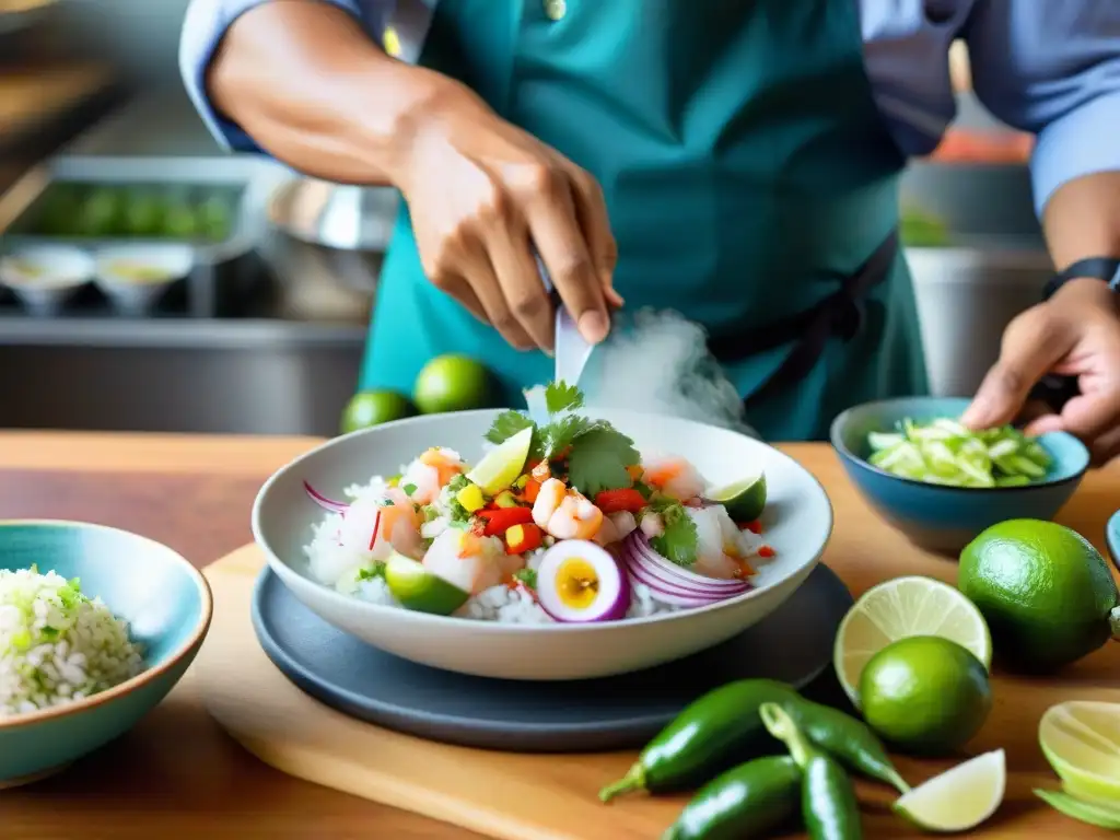 Una escena vibrante de un ceviche peruano tradicional siendo preparado con maestría en una bulliciosa cocina