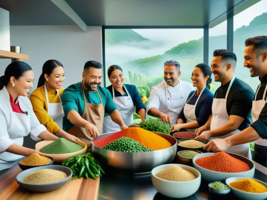 Una escena vibrante muestra chefs de diversas culturas disfrutando de la cocina con cañihua, reflejando la integración global