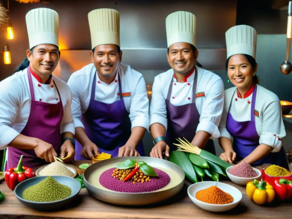 Una escena vibrante de chefs indígenas peruanos preparando platillos tradicionales con ingredientes coloridos