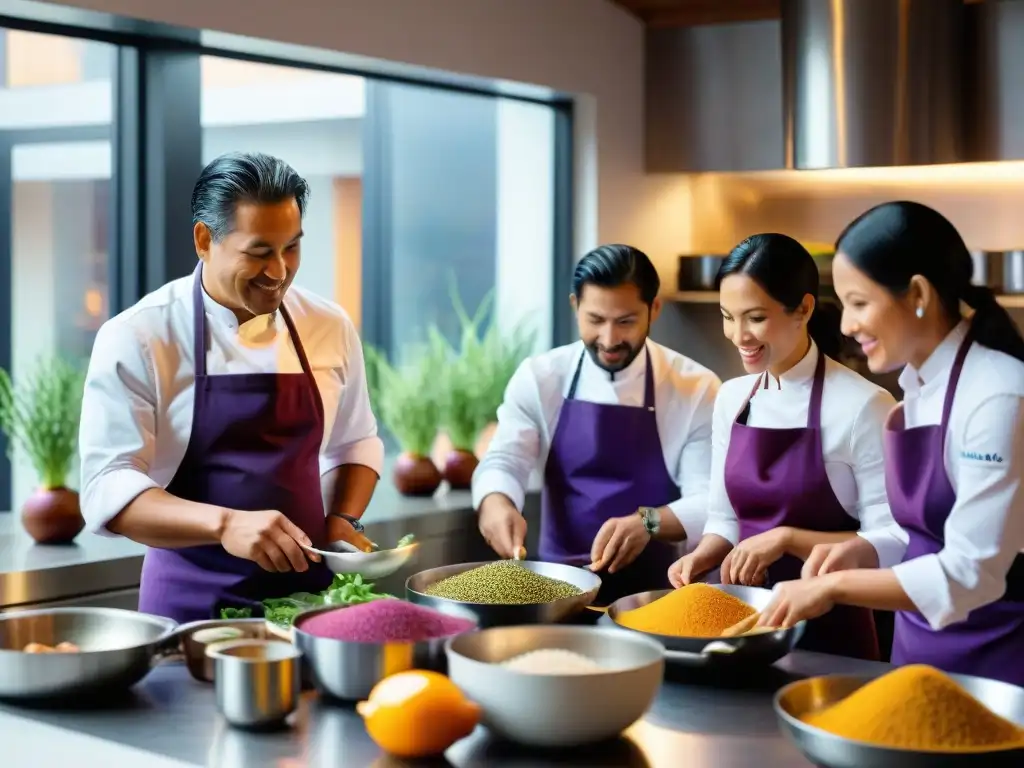 Una escena vibrante de chefs peruanos en una cocina moderna, llena de ingredientes tradicionales e innovadores