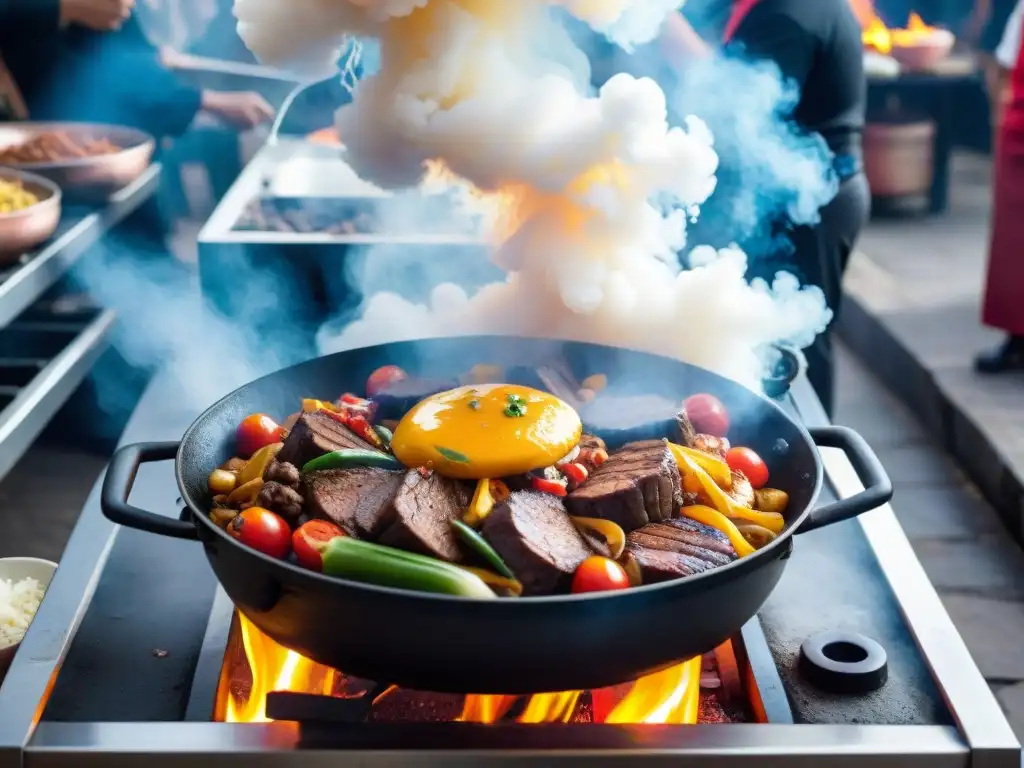 Una escena vibrante en Lima, Perú, donde chefs preparan lomo saltado en un mercado bullicioso