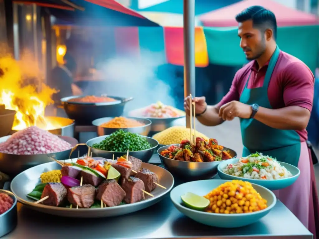 Una escena vibrante de cocina callejera en Perú, llena de colores, sabores y tradición andina