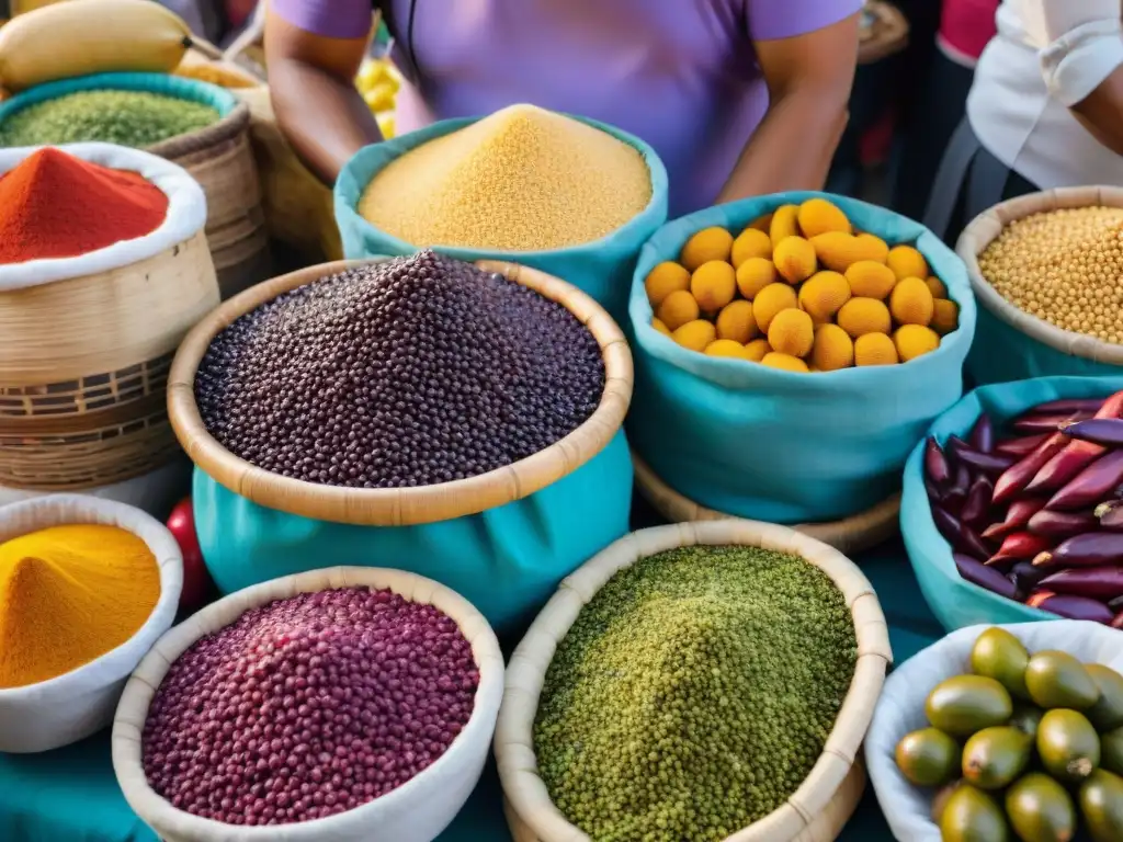 Una escena vibrante de la cocina callejera peruana con ingredientes autóctonos en un mercado bullicioso