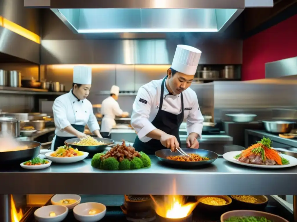 Una escena vibrante en una cocina nikkei en Lima, con chefs expertos preparando platos de fusión japonesa y peruana