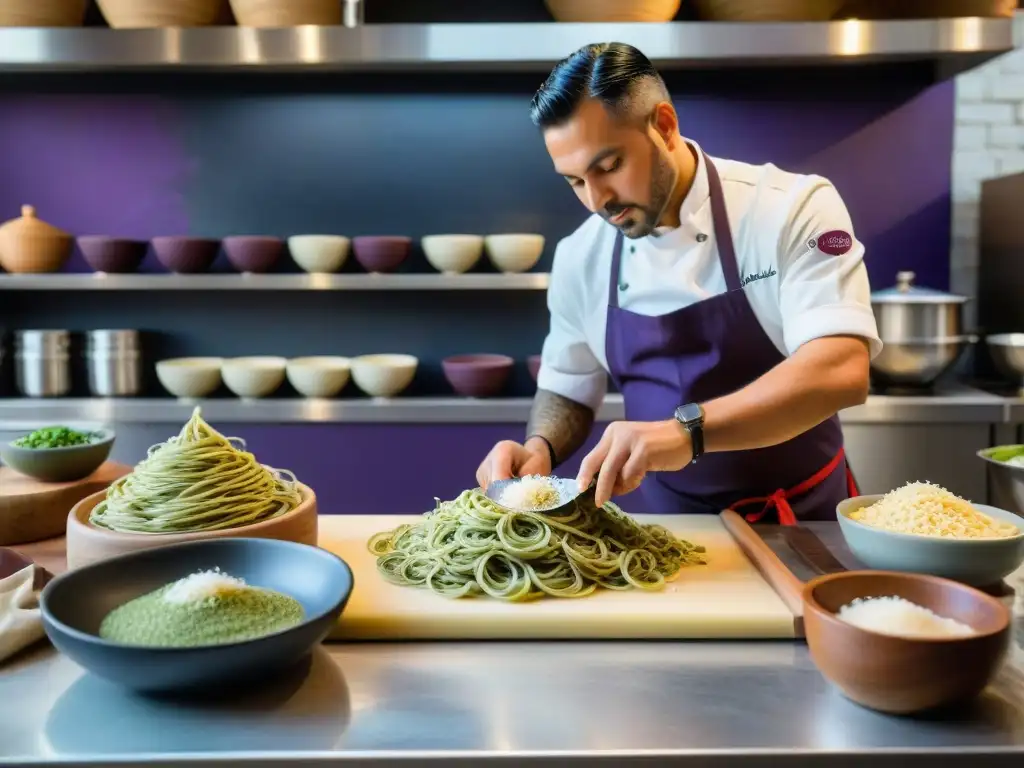 Una escena vibrante de cocina italiana y peruana, con chefs fusionando ingredientes