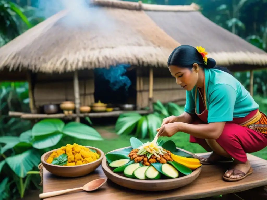 Una escena vibrante de cocina amazónica en gastronomía peruana, con chefs indígenas preparando platillos coloridos en la selva