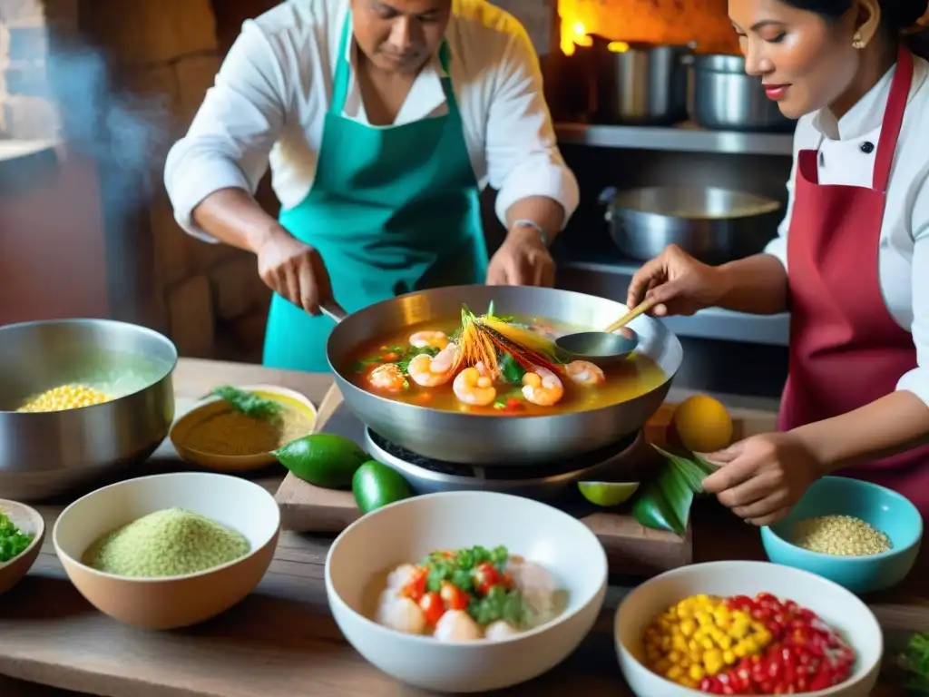 Escena vibrante en cocina peruana con receta auténtica chupe camarones Perú