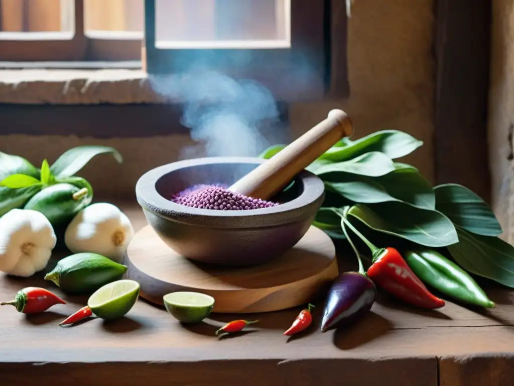 Escena vibrante de una cocina peruana tradicional con utensilios de piedra en mesa de madera y ingredientes coloridos