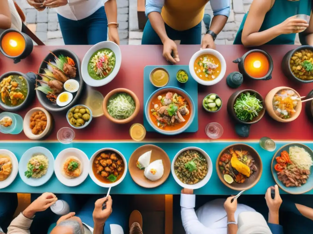 Una escena vibrante de cocina peruana en tapas fusionadas en Lima, Perú, con colores y sabores tradicionales compartidos entre comensales