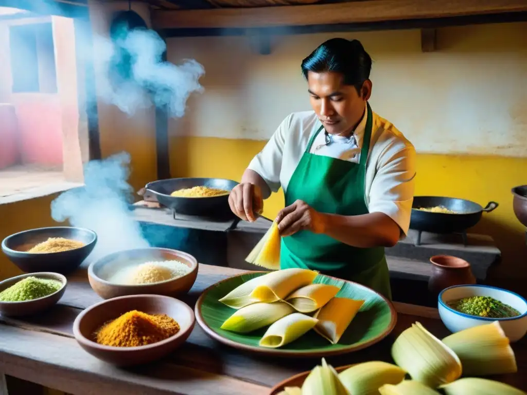 Escena vibrante de cocina peruana al amanecer: chef preparando tamales tradicionales con técnicas ancestrales