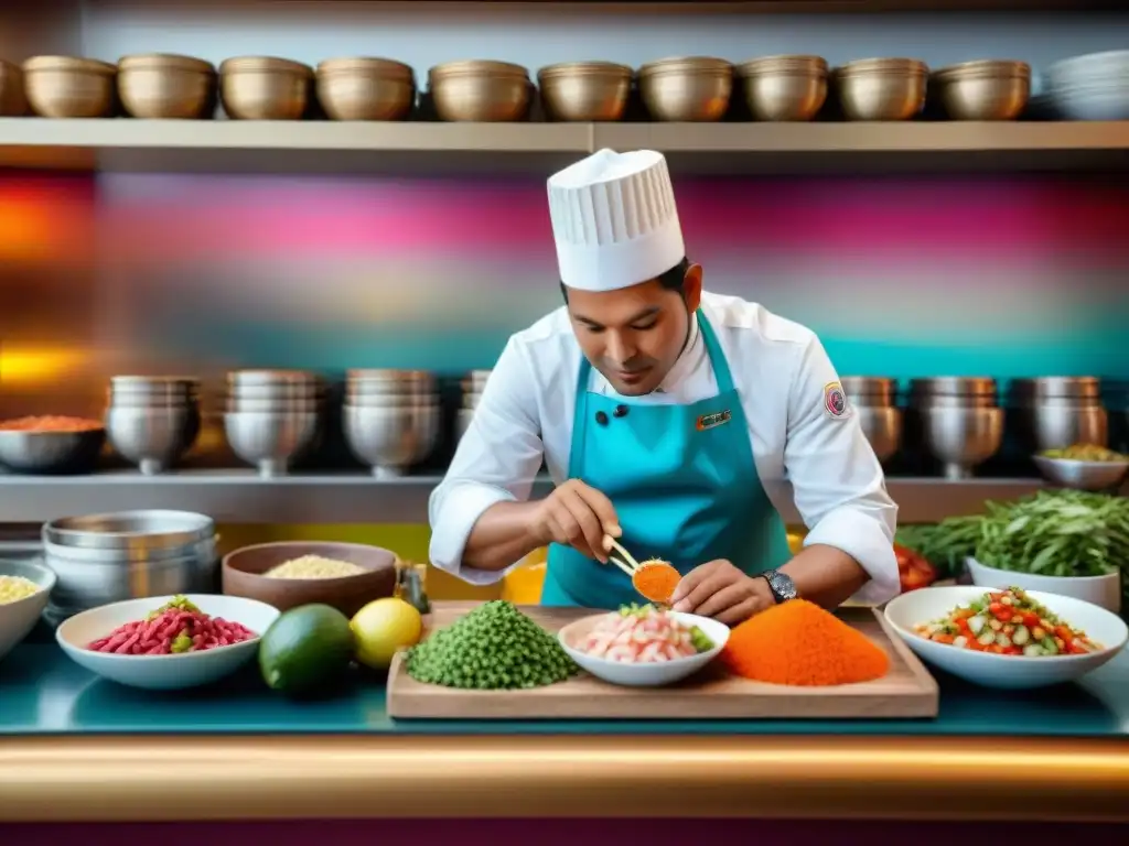 Escena vibrante de una cocina peruana con chef preparando ceviche y banda de música