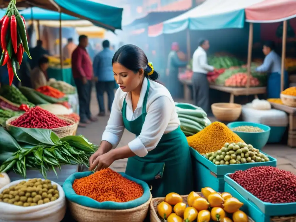 Escena vibrante de cocina peruana con ingredientes locales en un mercado bullicioso