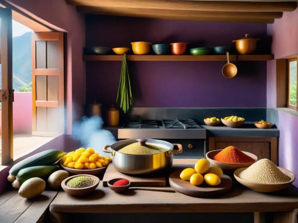 Escena vibrante de una cocina peruana tradicional con textiles andinos coloridos, ingredientes frescos y una olla de quinua fragante al fuego