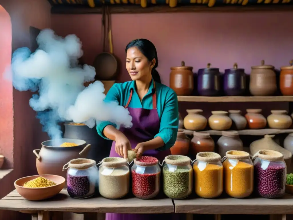 Escena vibrante de una cocina peruana tradicional con ingredientes fermentados, mostrando los beneficios de la fermentación en la cocina peruana