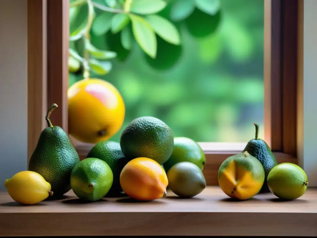 Escena vibrante de cocina rústica con chirimoyas, mango, maracuyá y limones