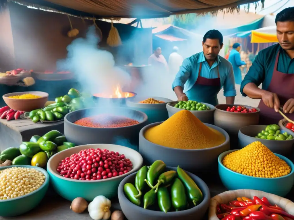 Escena vibrante de cocina tradicional arequipeña con chefs preparando platos típicos