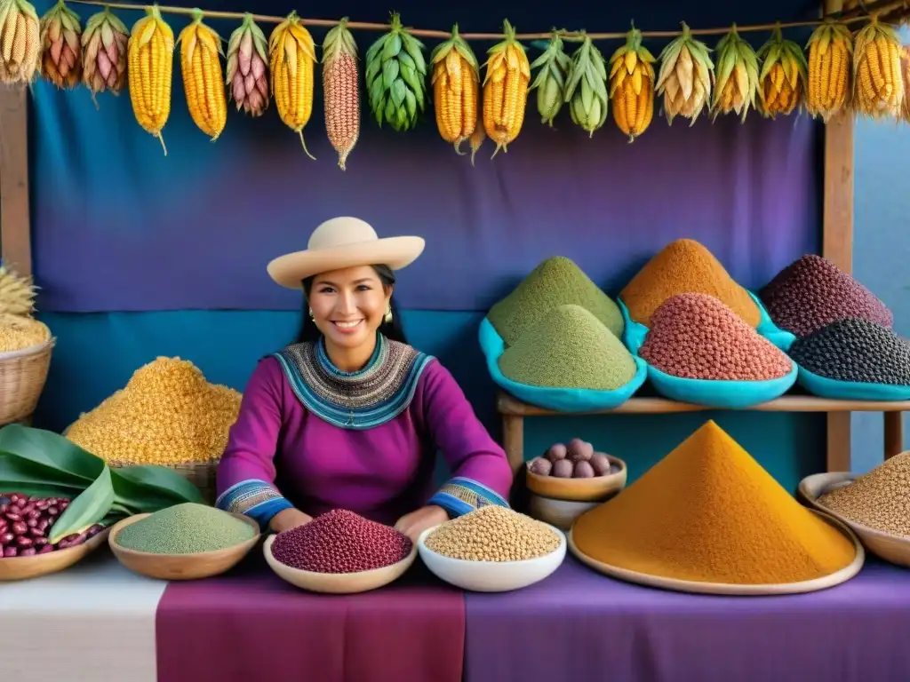 Mercado peruano: superalimentos y tradición andina Escena vibrante de un colorido puesto de mercado peruano rebosante de superfoods como quinua, maíz morado, lúcuma y maca, entre textiles andinos, en un retrato de los Superfoods peruanos ingredientes andinos