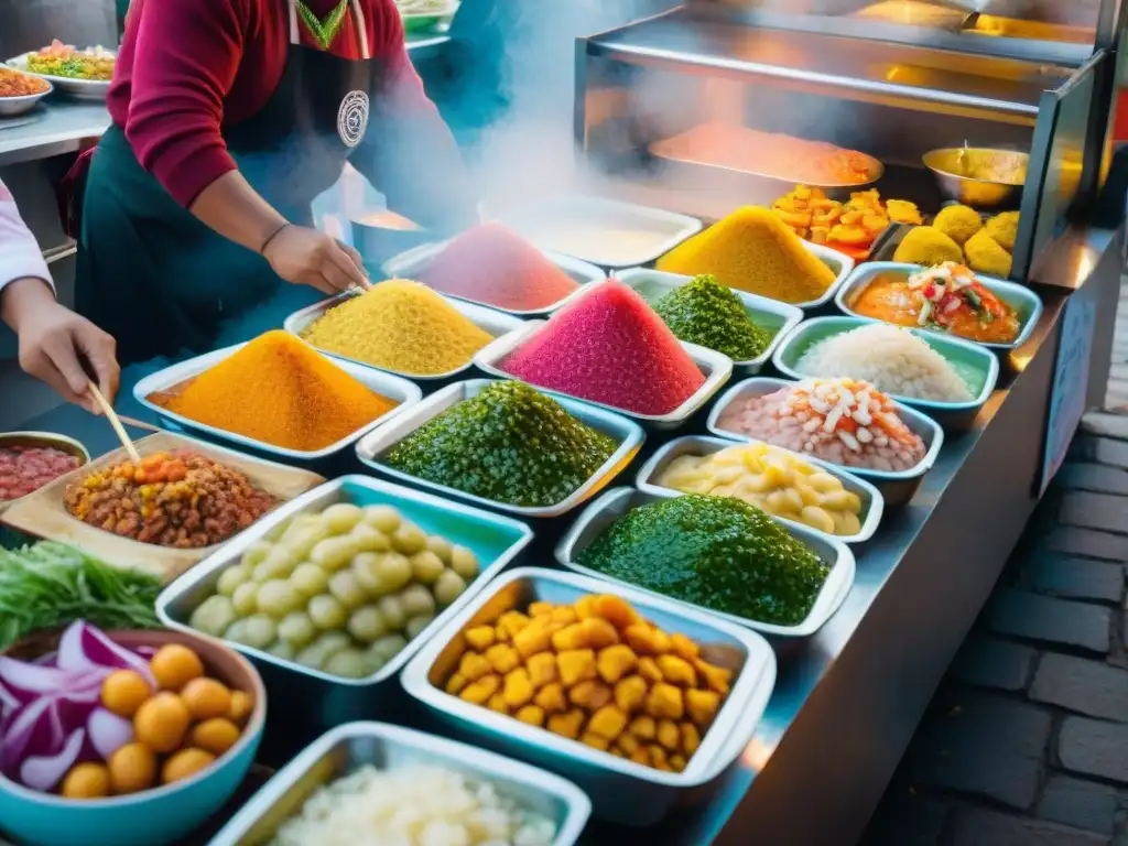 Escena vibrante de presentación comida callejera peruana con ceviche, anticuchos y causa, en Lima