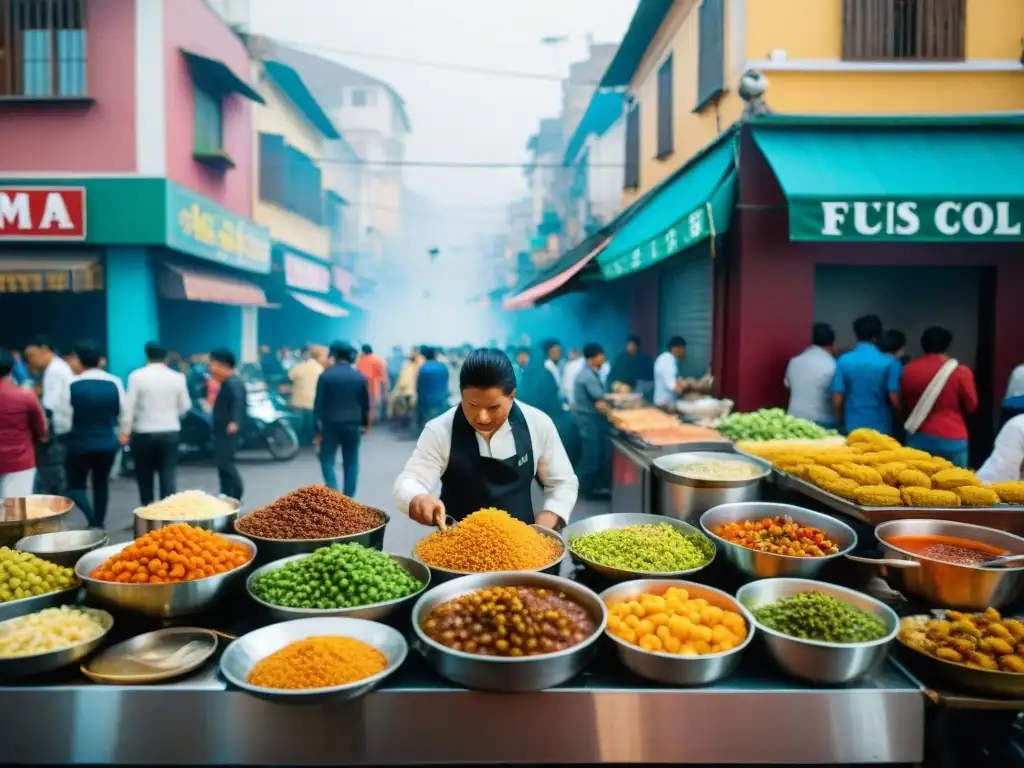 Escena vibrante de comida callejera en Lima, evolución gastronomía con diversidad de platos tradicionales como anticuchos, ceviche y causa