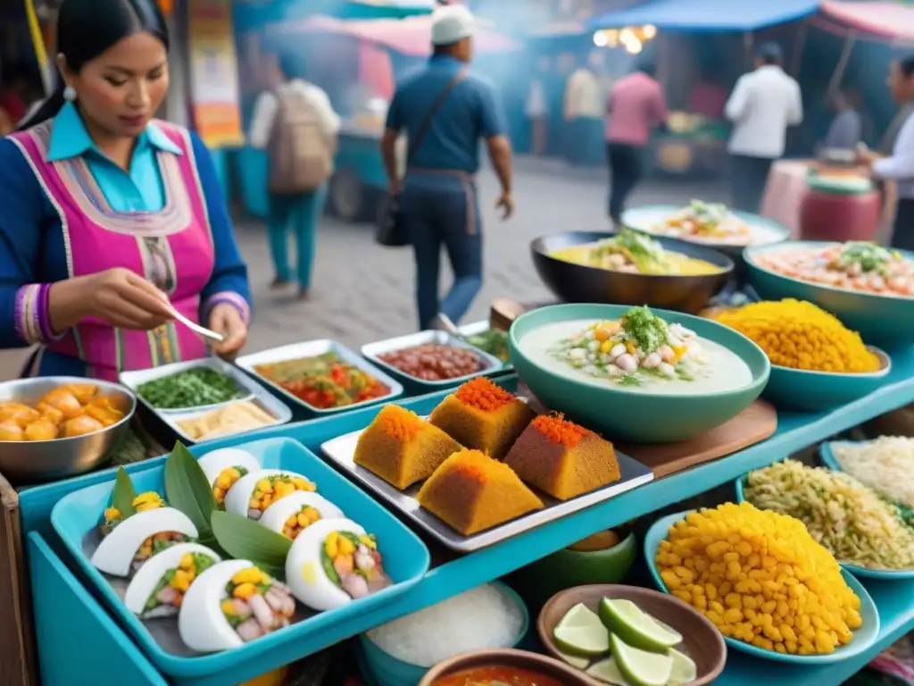 Una escena vibrante de comida callejera peruana con presentación exquisita