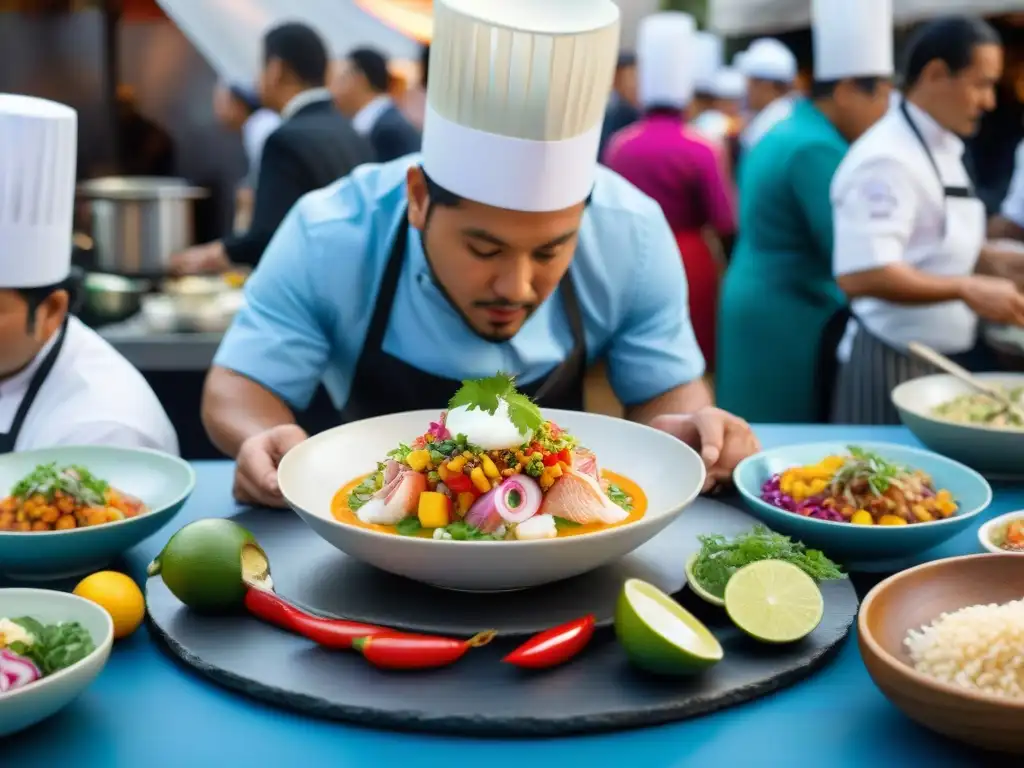 Una escena vibrante de un evento culinario internacional, destacando la gastronomía peruana y chefs de todo el mundo