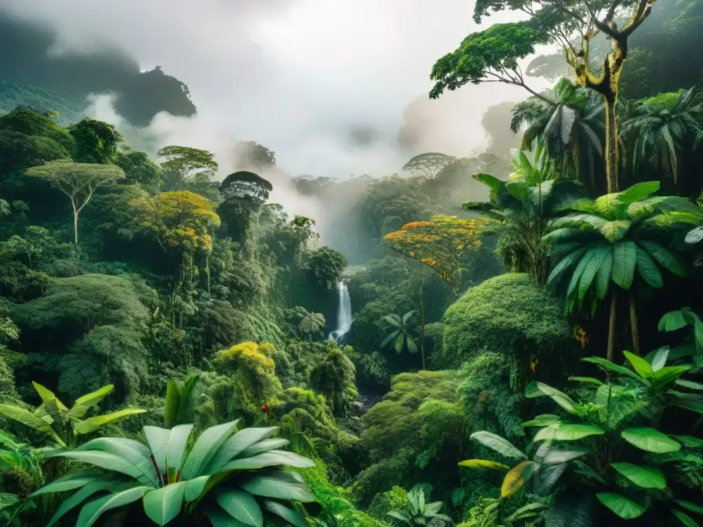 Escena vibrante de la exuberante selva amazónica con diversa vida silvestre, incluyendo la planta medicinal Uña de Gato