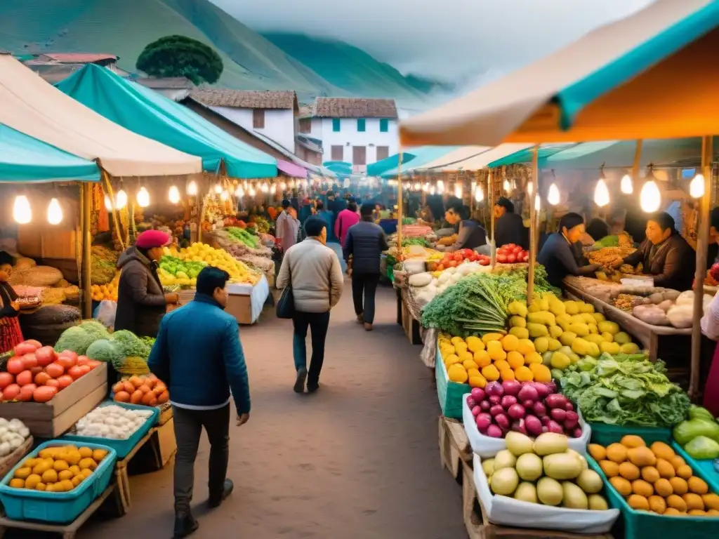 Escena vibrante de una feria gastronómica en Perú, llena de coloridos puestos y sabores locales