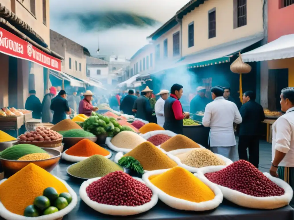 Escena vibrante del Festival gastronomía arequipeña Perú: coloridos puestos de comida, chefs locales y arquitectura colonial de Arequipa