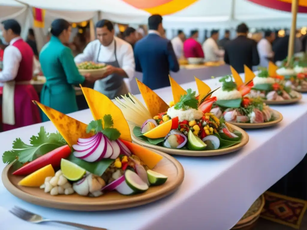 Escena vibrante de festival de comida internacional con platos peruanos en restaurantes internacionales