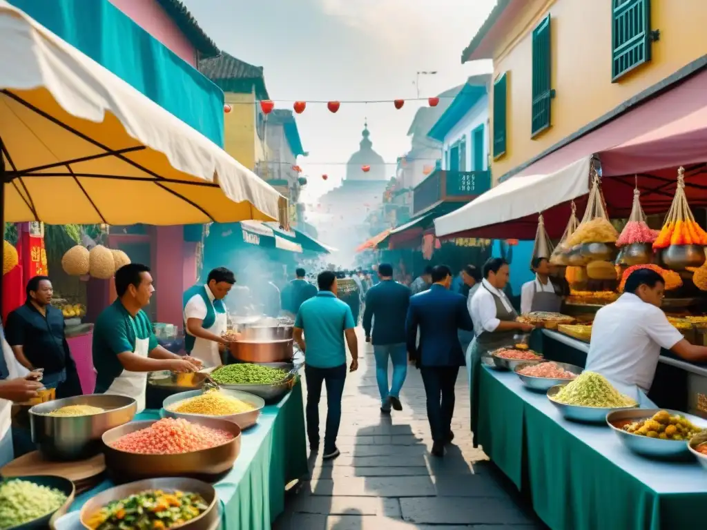 Escena vibrante del Festival de Comida Callejera en Lima con puestos coloridos de ceviche, anticuchos y causa, entre turistas y locales