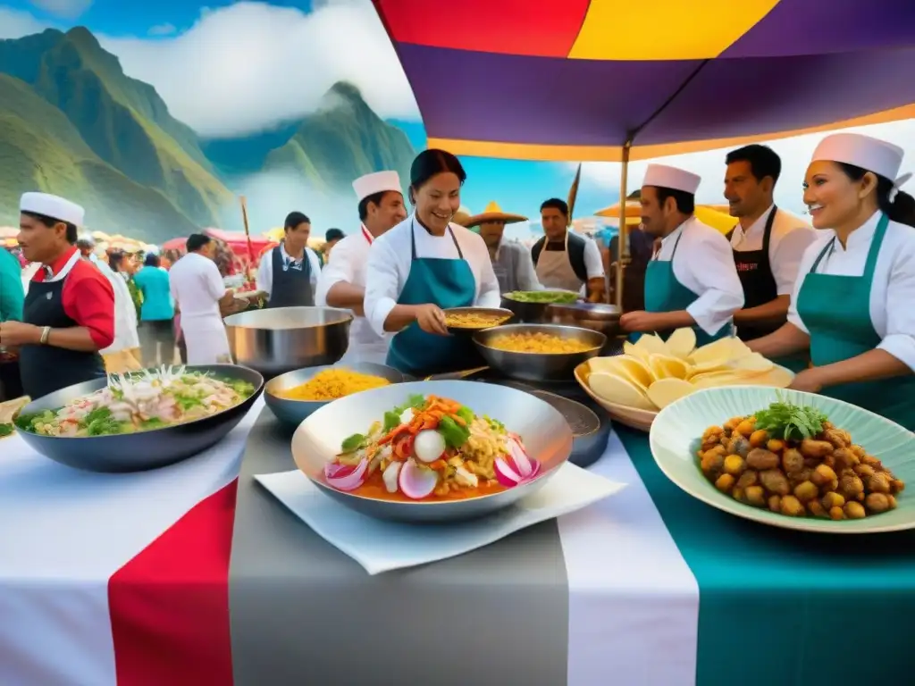 Escena vibrante de festival culinario internacional con puesto peruano de ceviche