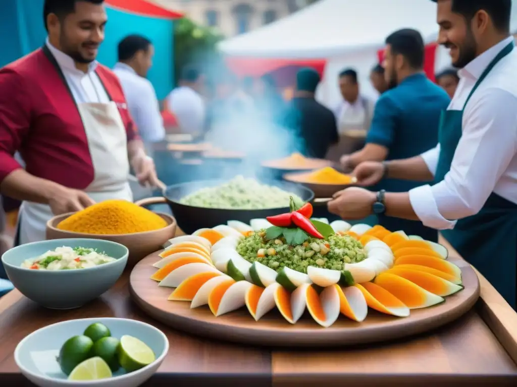 Colorido festival gastronómico: chef prepara ceviche peruano Escena vibrante de festival culinario en una ciudad europea, con la representación cocina peruana eventos culinarios