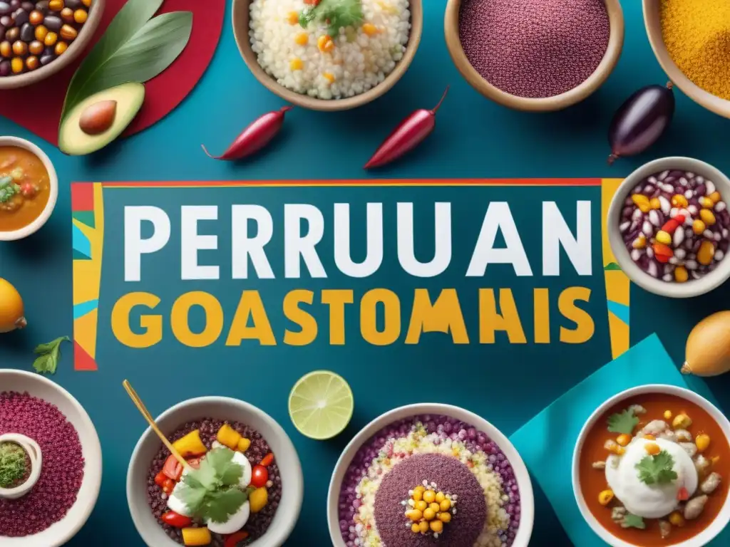 Escena vibrante de festival gastronómico peruano en un país extranjero con ingredientes indígenas y chefs preparando ceviche y causa