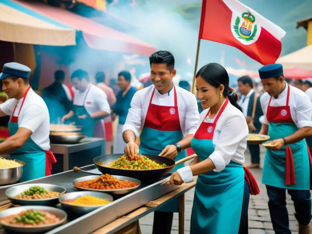 Escena vibrante de festival gastronómico peruano en el extranjero, con platos tradicionales y banderas peruanas al viento