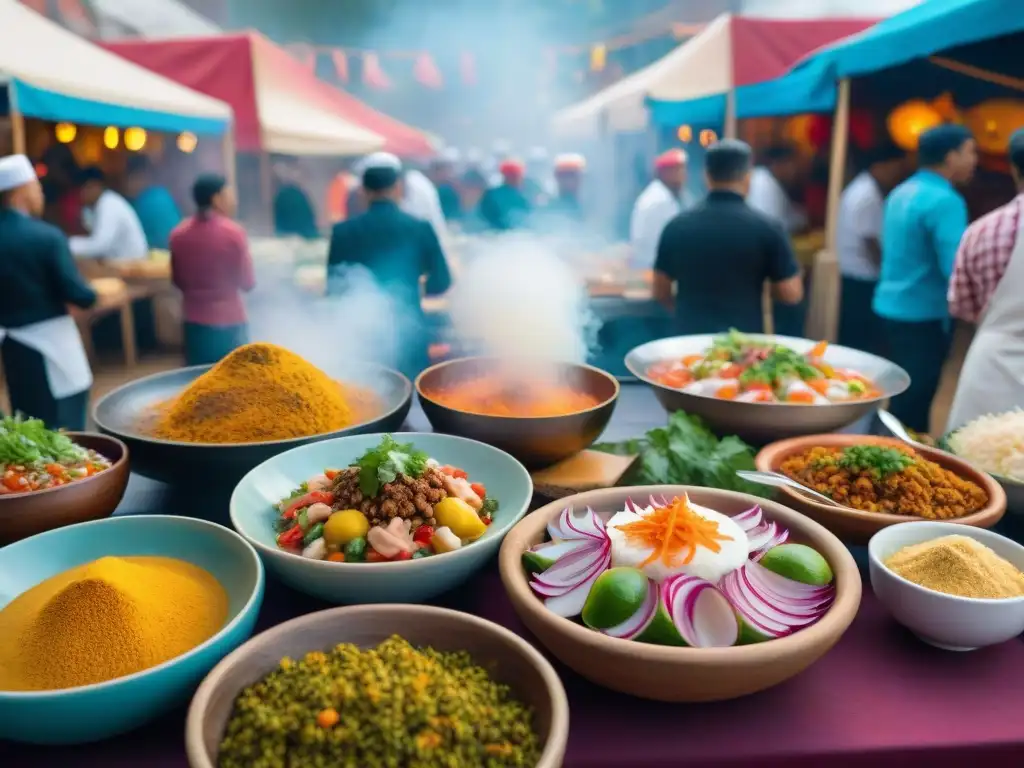 Escena vibrante de festival gastronómico peruano, con puestos de comida colorida y chef preparando plato tradicional entre curiosos