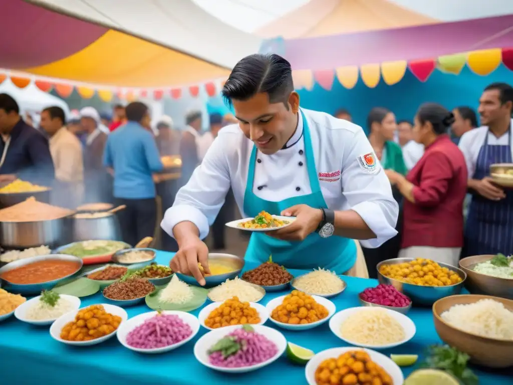 Escena vibrante de un festival gastronómico peruano auténtico con coloridos platos y ambiente festivo