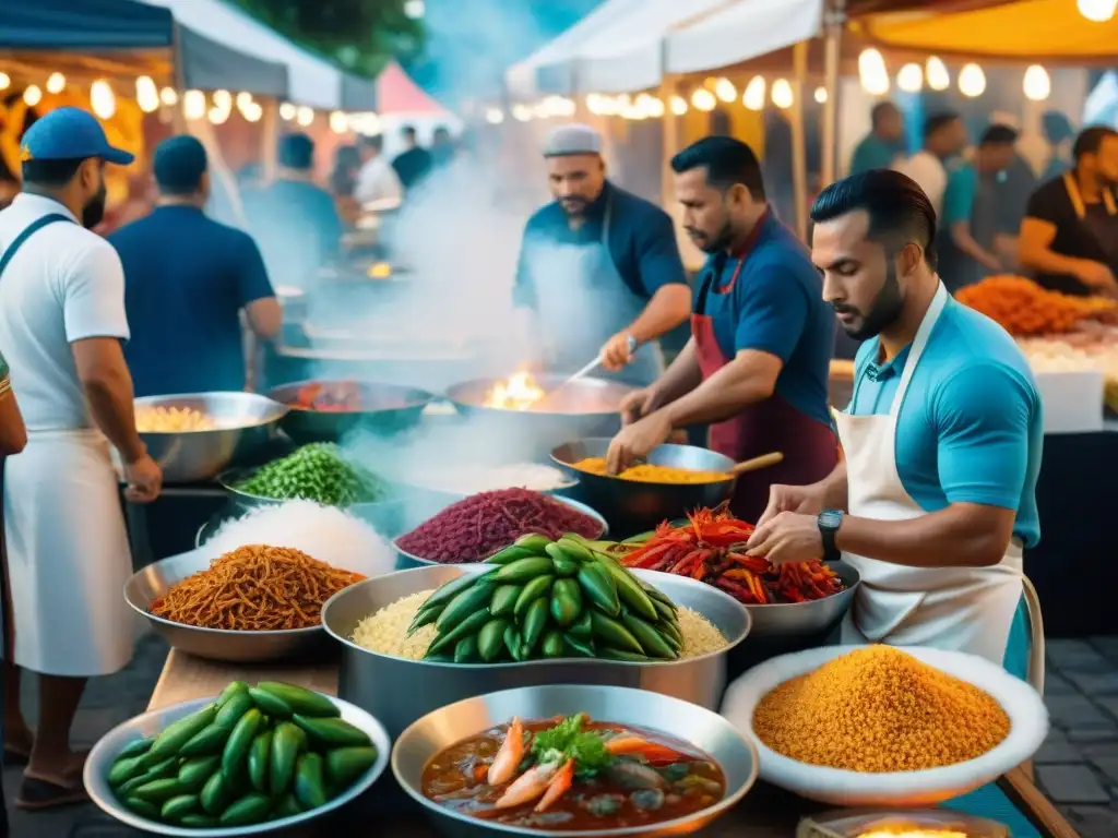 Escena vibrante en el Festival Gastronomía Costeña Lomo Saltado: coloridos puestos de comida, chefs preparando platillos y visitantes disfrutando